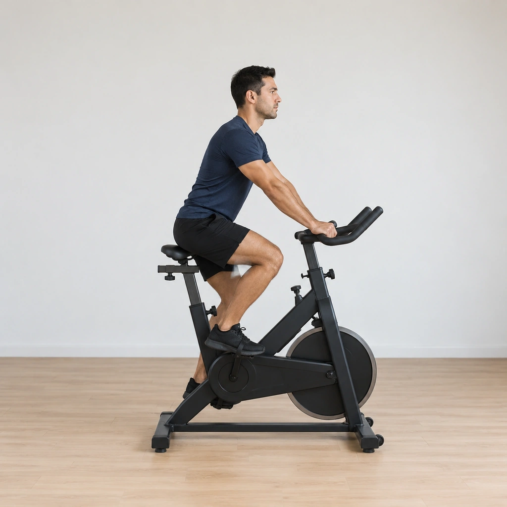 He sits pedalling the bike with an upright torso, hands on the bars, the rhythm steady before the move begins.