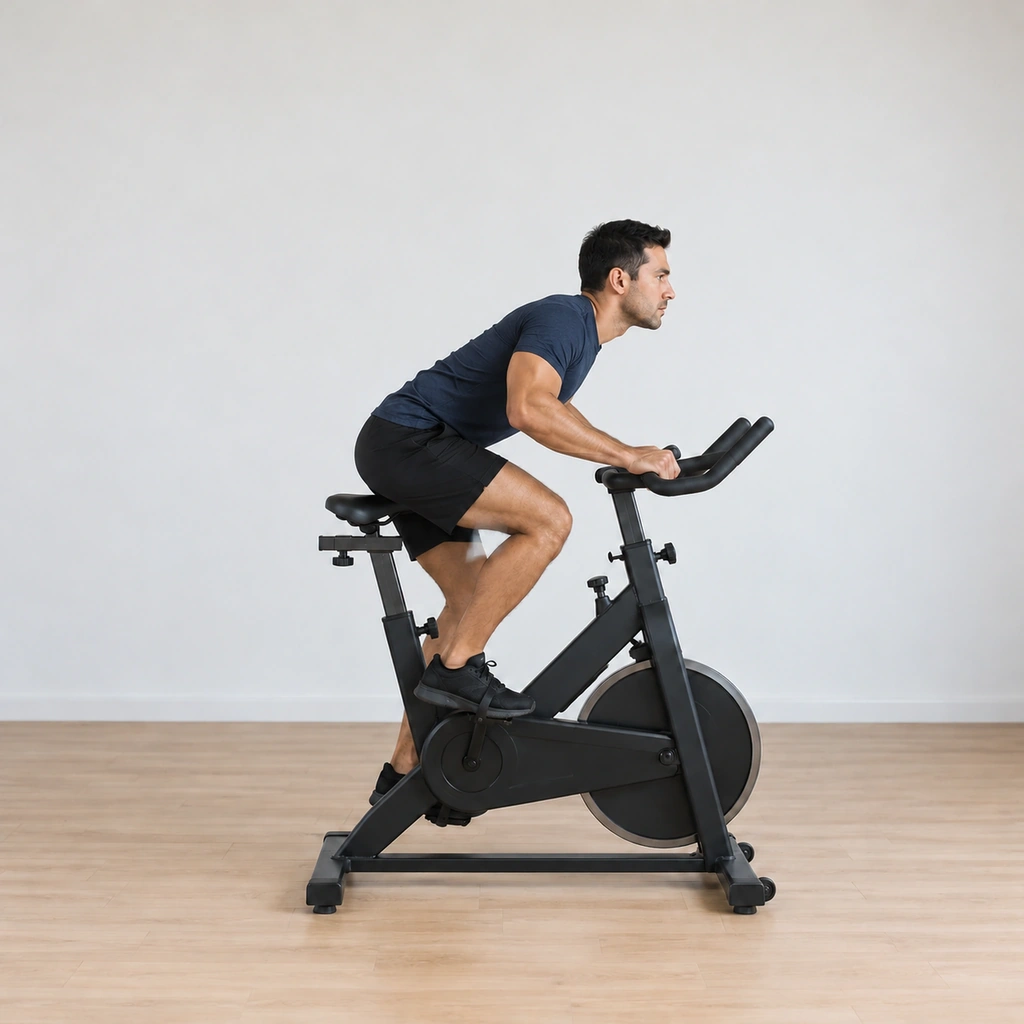 His arms have bent to lower his chest low toward the handlebars, head still up enough to look ahead, the legs continuing to pedal.