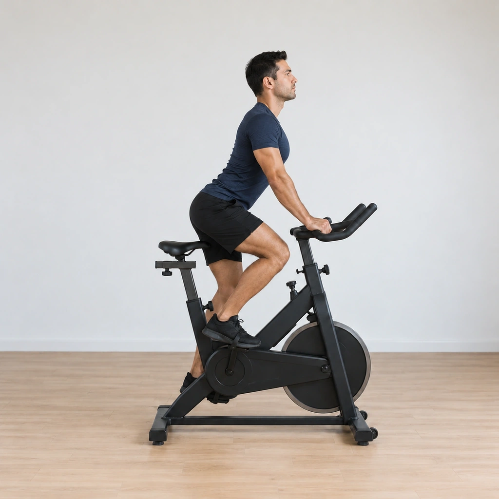 His chest has followed the head through the wave - torso returning upright over the saddle, arms easy again, the pedal stroke unbroken.