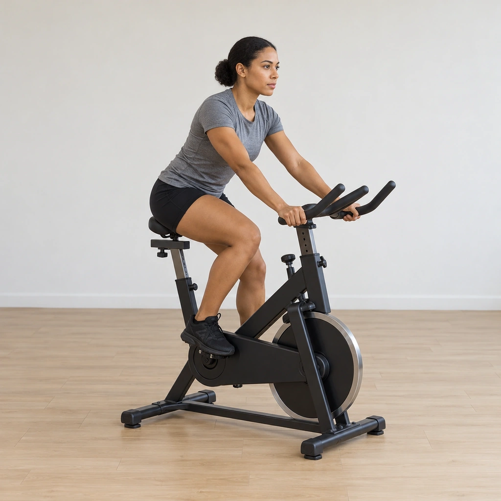 She pedals the bike against heavy resistance, seated posture braced, the cranks turning slowly under load.