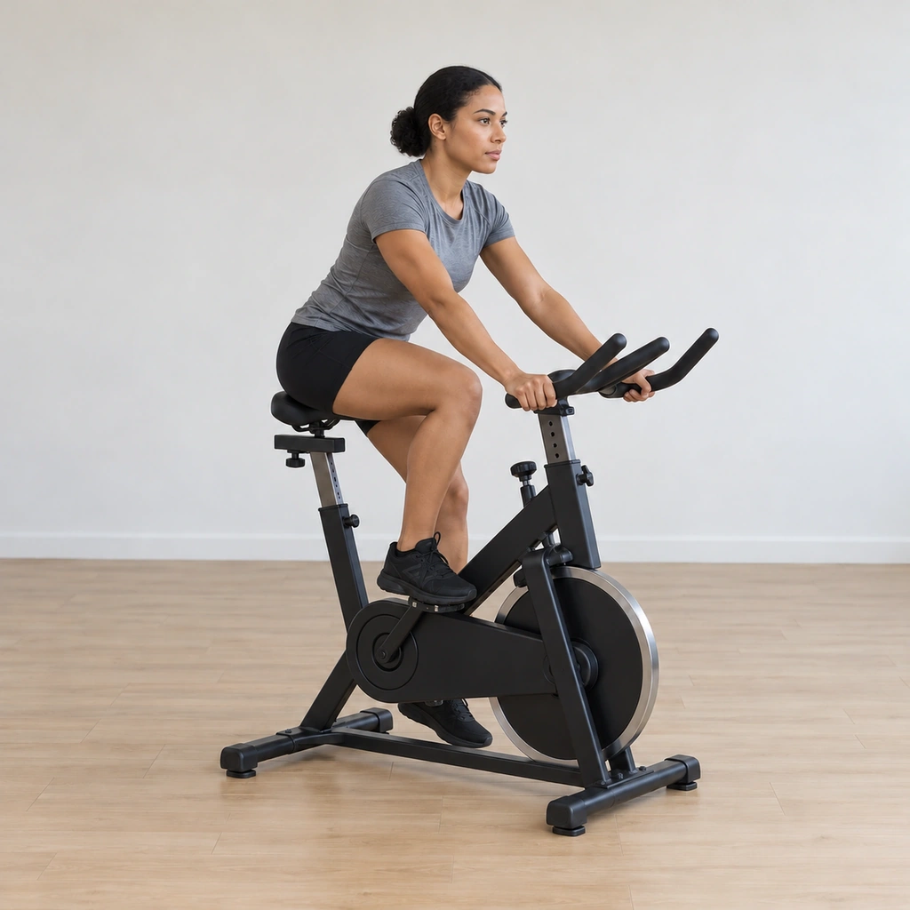 The pedals have come to a complete stop - her feet rest mid-crank against the resistance, body settled, the flywheel still.