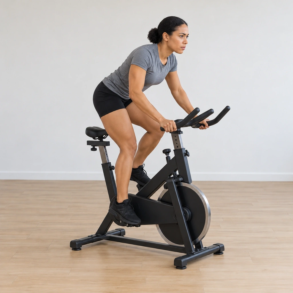 She has risen to drive the first pedal stroke from standstill - weight over the driving leg, body working, the crank just breaking free.