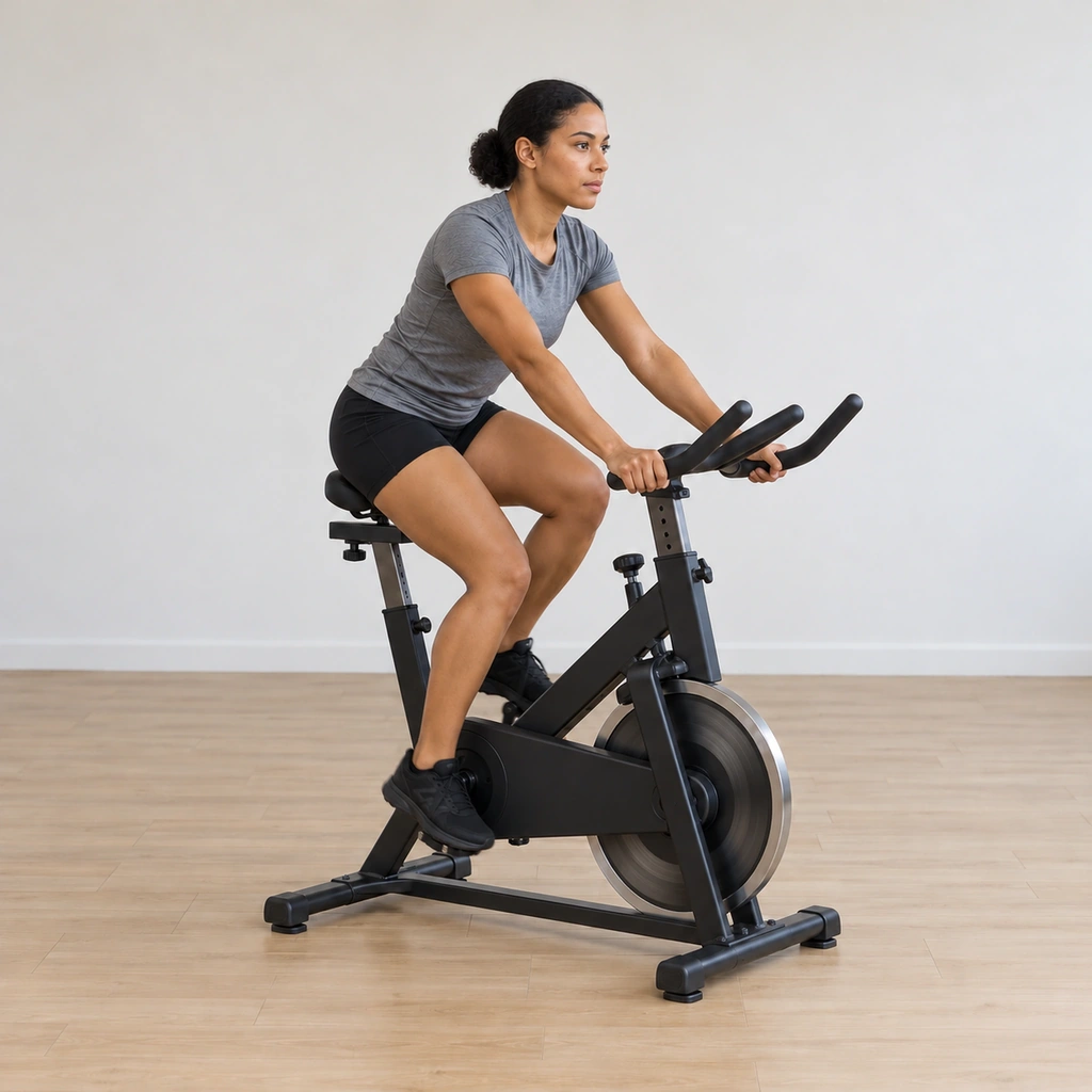 The flywheel is turning again - she pedals on against the resistance, the restart completed and the cycle ready to repeat four more times.