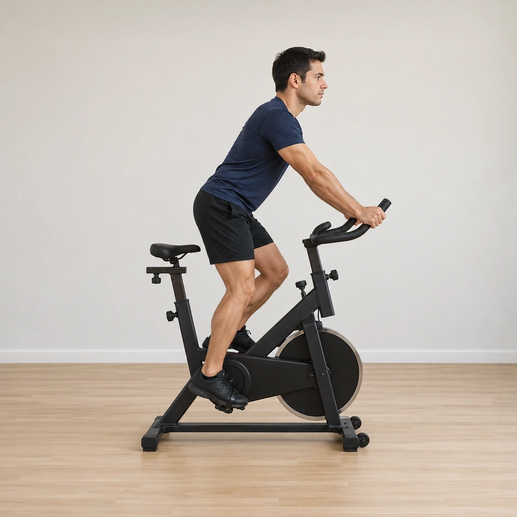 He stands on the pedals out of the saddle in the position-3 climb, hands on the handlebar ends, hips over the pedals.