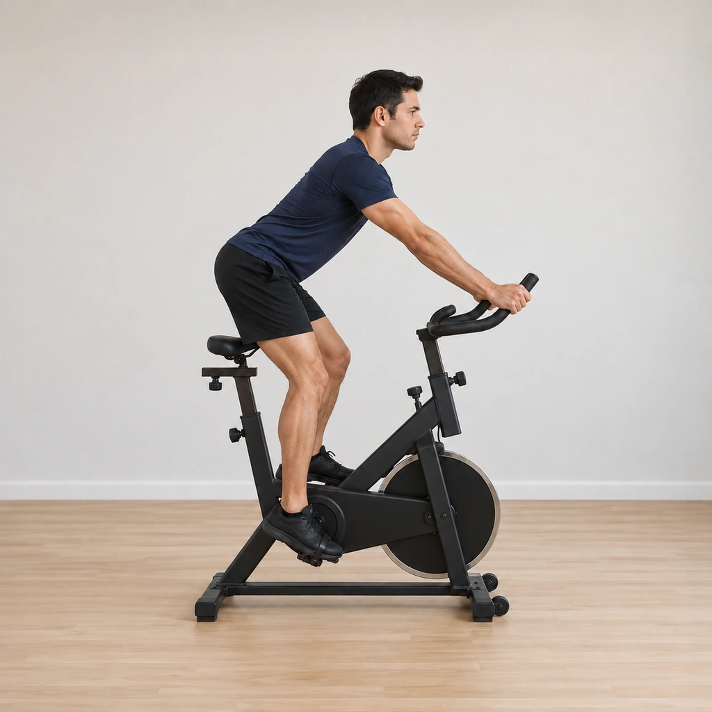 His hips have glided back until they hover above the saddle behind him, his arms extending to the bars as the hips move back.