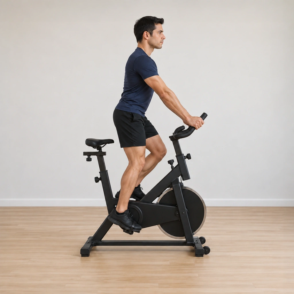 His hips have returned forward to the neutral standing-climb position above the pedals, his arms softening back.