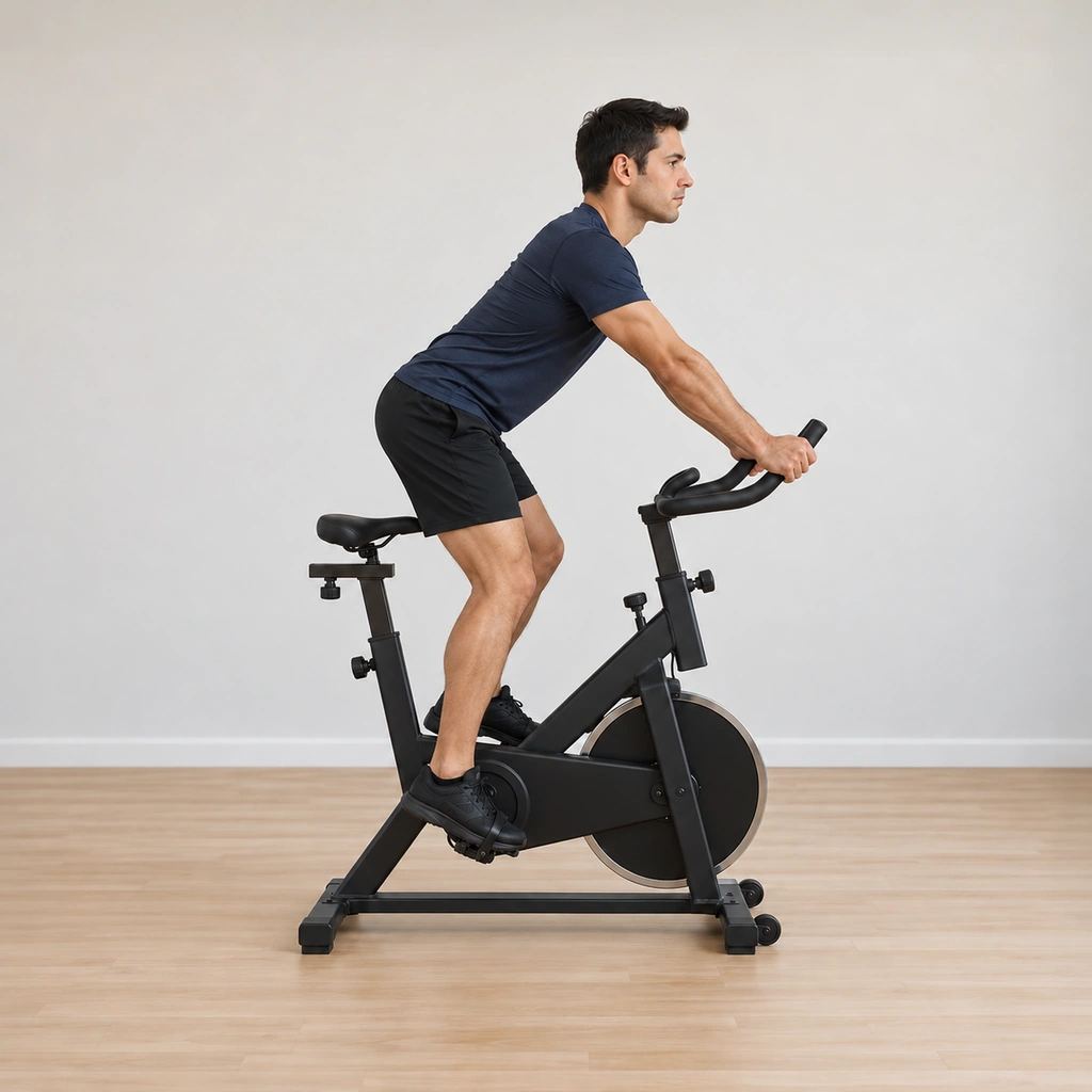 The tap-back rhythm continues: his hips glide back over the saddle once more, arms extending, mid-glide of the repeating cycle.