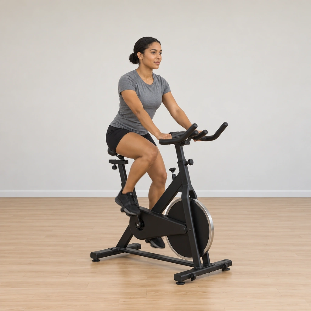She sits on the bike pedalling with ordinary relaxed posture - hands on the bars, torso moving naturally with the stroke.