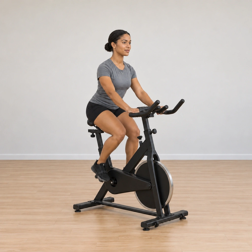Her shoulders have dropped relaxed and her elbows are slightly bent, the torso quieting while her legs continue the same pedal stroke.