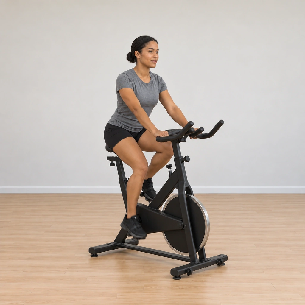 Her entire upper body is still - head level, shoulders relaxed, torso motionless - while her legs alone continue turning the pedals.