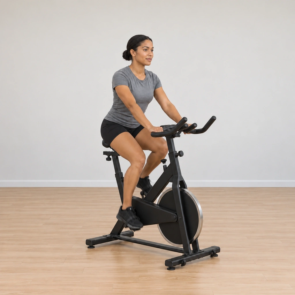 She keeps pedalling with the freeze intact - the upper body remains completely settled, no drift or bob, the legs still turning evenly.