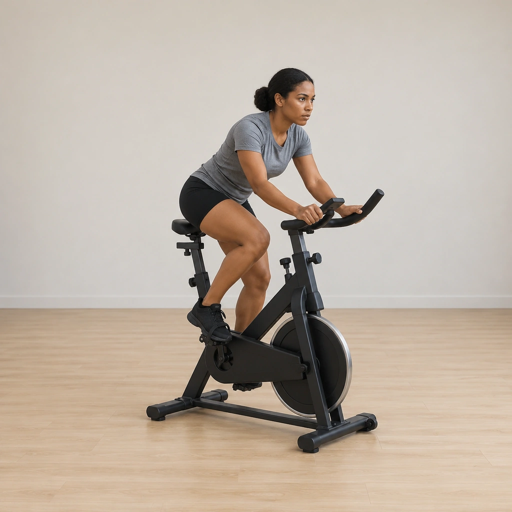 She pedals seated on the bike at a slow heavy rhythm, hands on the handlebars, body low over the bars.