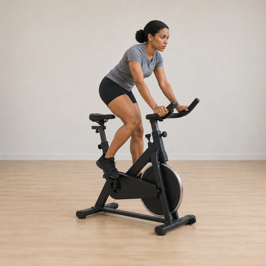 She rises out of the saddle onto the pedals, weight forward over the bars, hands gripping, beginning to drive the pedals hard.