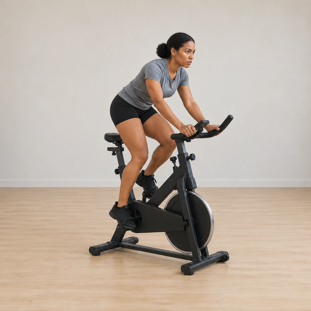 She drives the pedals at maximum standing effort, body driving over the bars, the flywheel spinning fast against the heavy resistance.