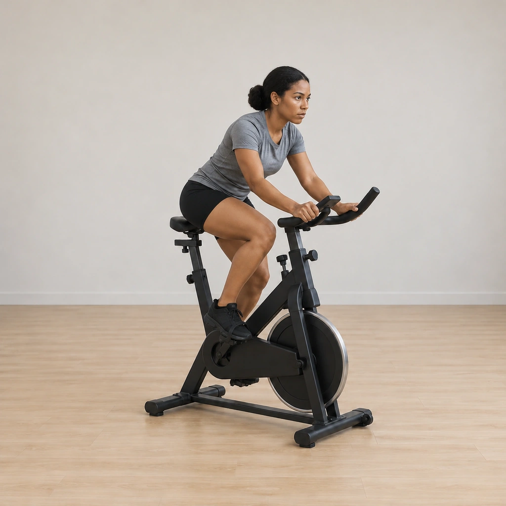 She drops back into the saddle immediately after the burst, hands still on the bars, the pedals slowing back toward the climbing rhythm.