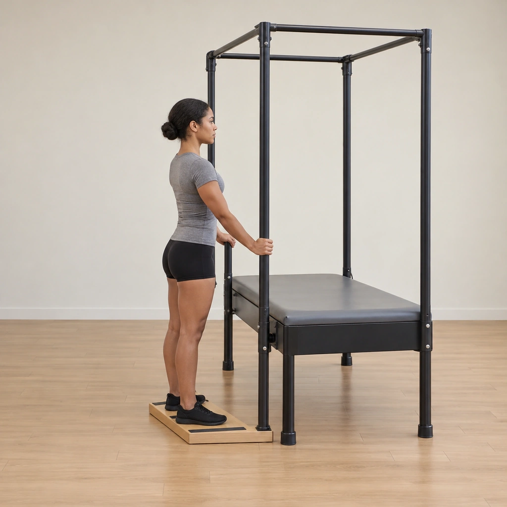 A woman stands facing the cadillac uprights with the balls of her feet on the luna board, legs turned out, arms straight gripping the vertical poles low, lifted tall through the crown.
