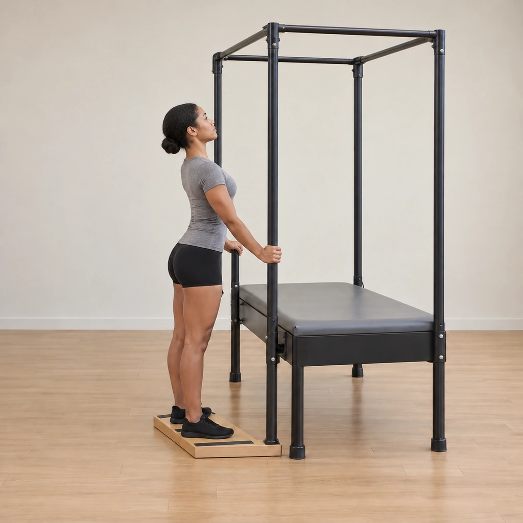 Her chest has opened into a swan-like shape at the top - upper chest lifted and forward, arms still straight on the poles, the stand tall.