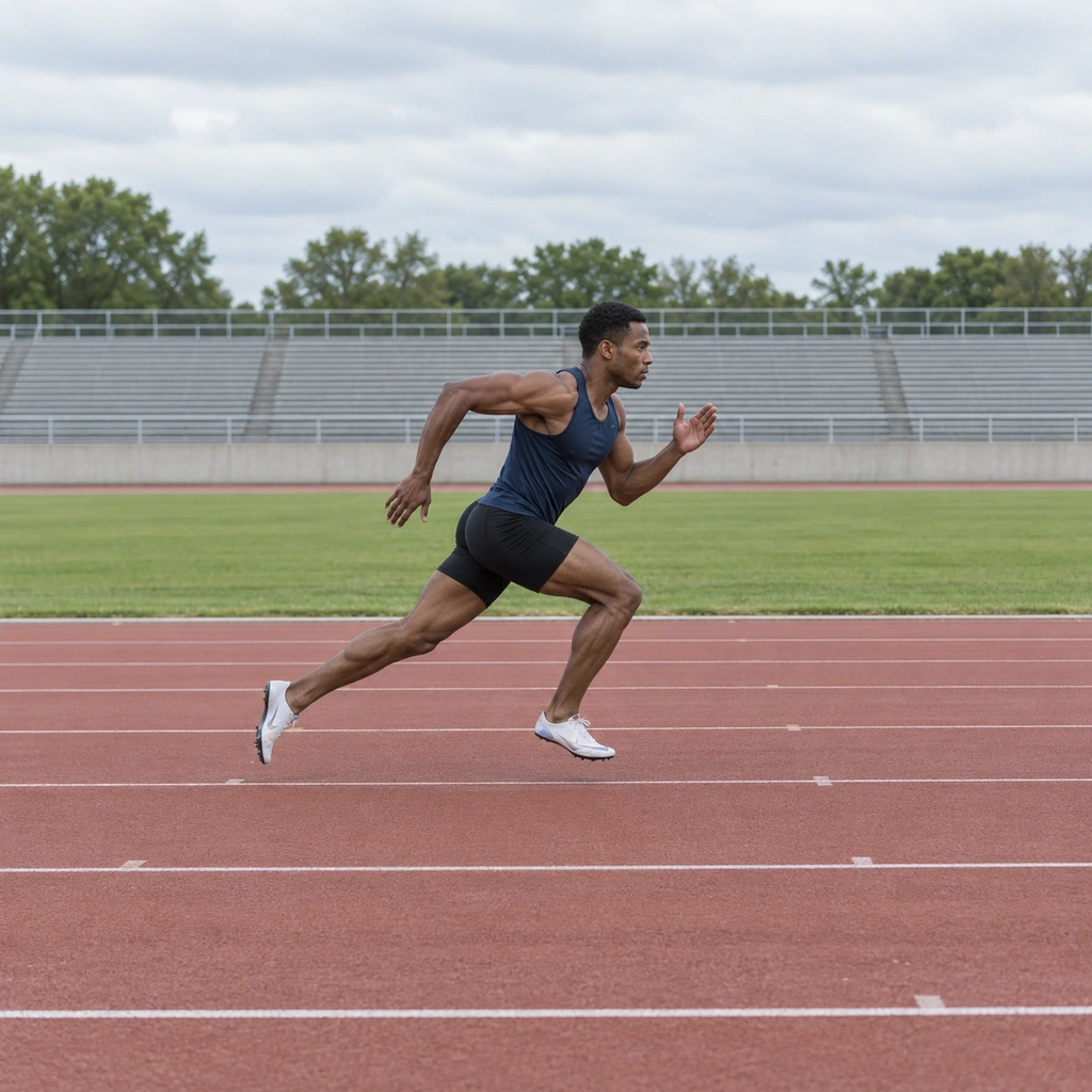 A man in the acceleration segment of a sprint drill, driving forward with body rising toward the tall sprint posture on a marked track lane.