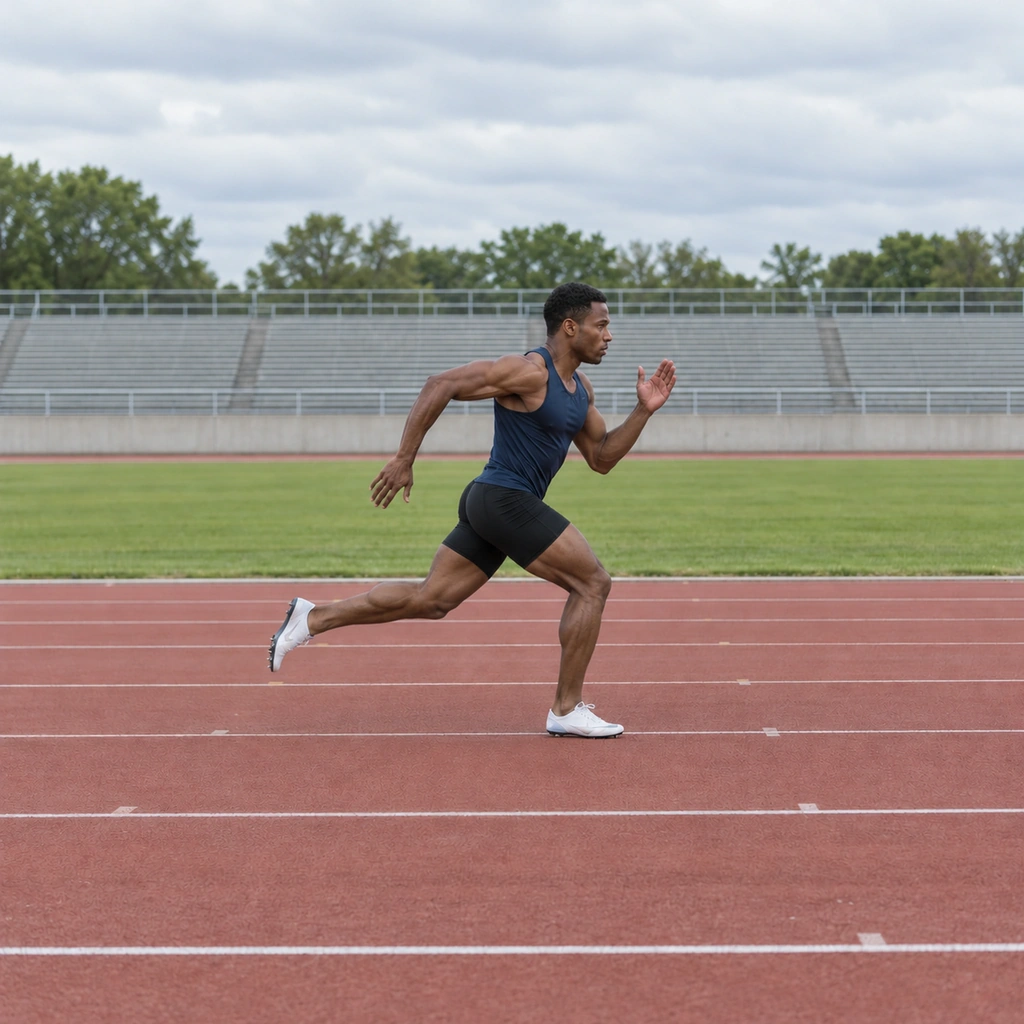 A man at a maximal sprint inside an 'in' segment, tall posture, thigh driving up and forward, full force through the ground.
