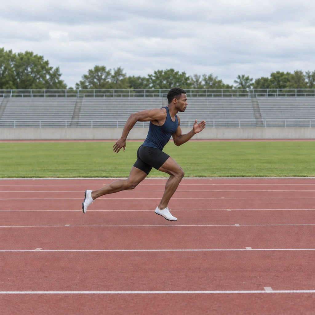 A man in the 'out' segment, identical tall sprint posture and stride shape but visibly lighter on the ground, freewheeling through.