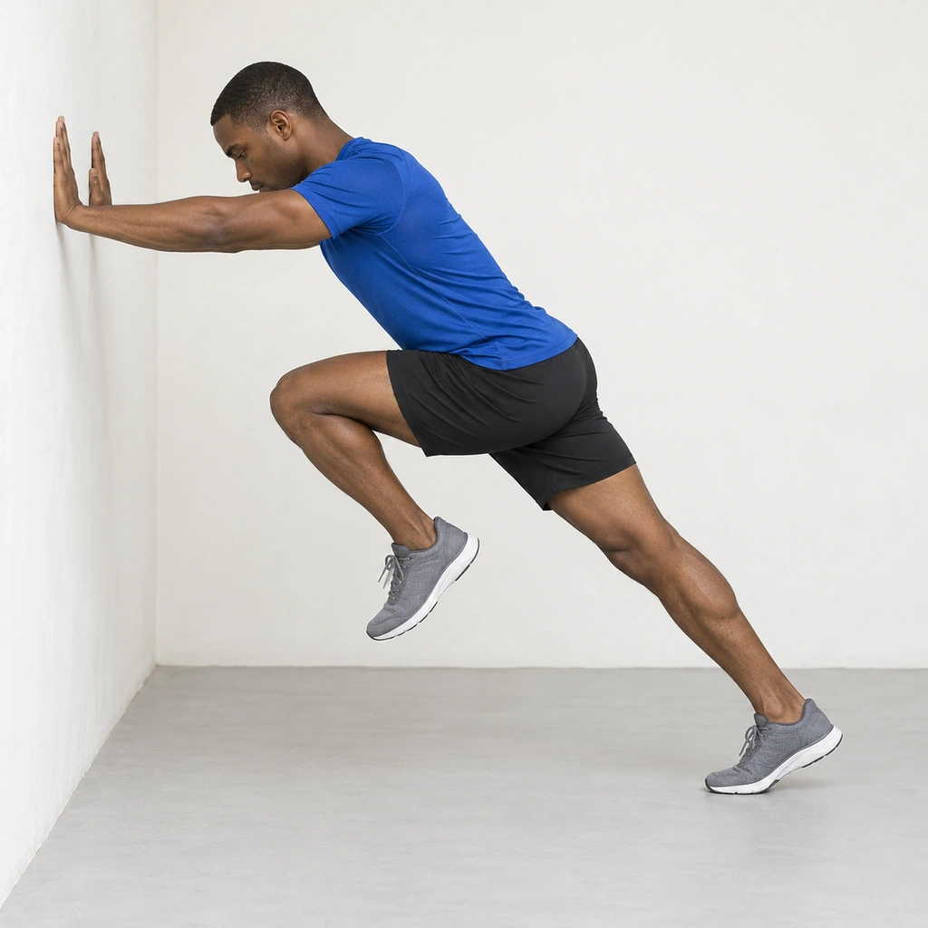 Man leaning forward on straight arms against a wall with his body in a straight line, right knee driven up and left leg straight behind.