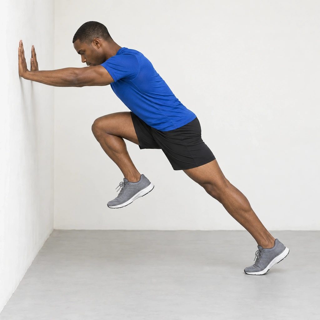 Man leaning forward on straight arms against a wall with his body in a straight line, left knee driven up and right leg straight behind.