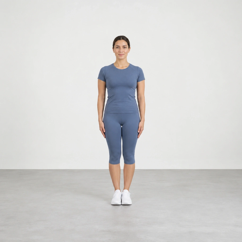 Woman standing tall with her feet together and her arms at her sides.