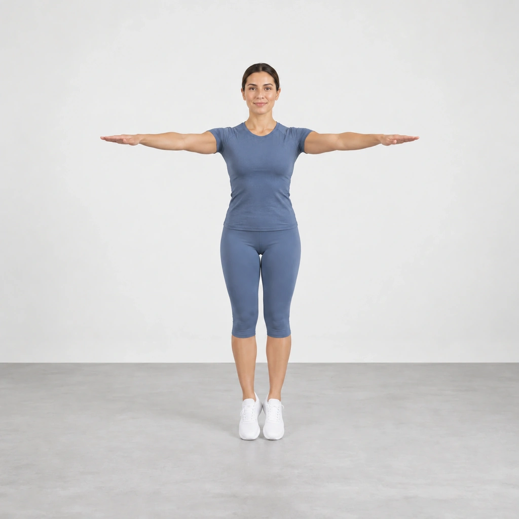 Woman pushing off with her heels lifted, feet still together and arms out at shoulder height.