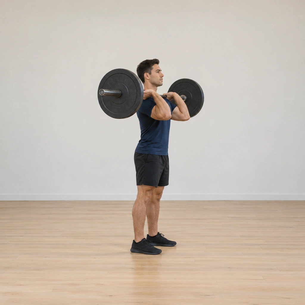 He stands tall with the loaded barbell racked across the front of his shoulders: elbows raised in front of the bar, hands gripping it, feet directly under his hips, trunk vertical.