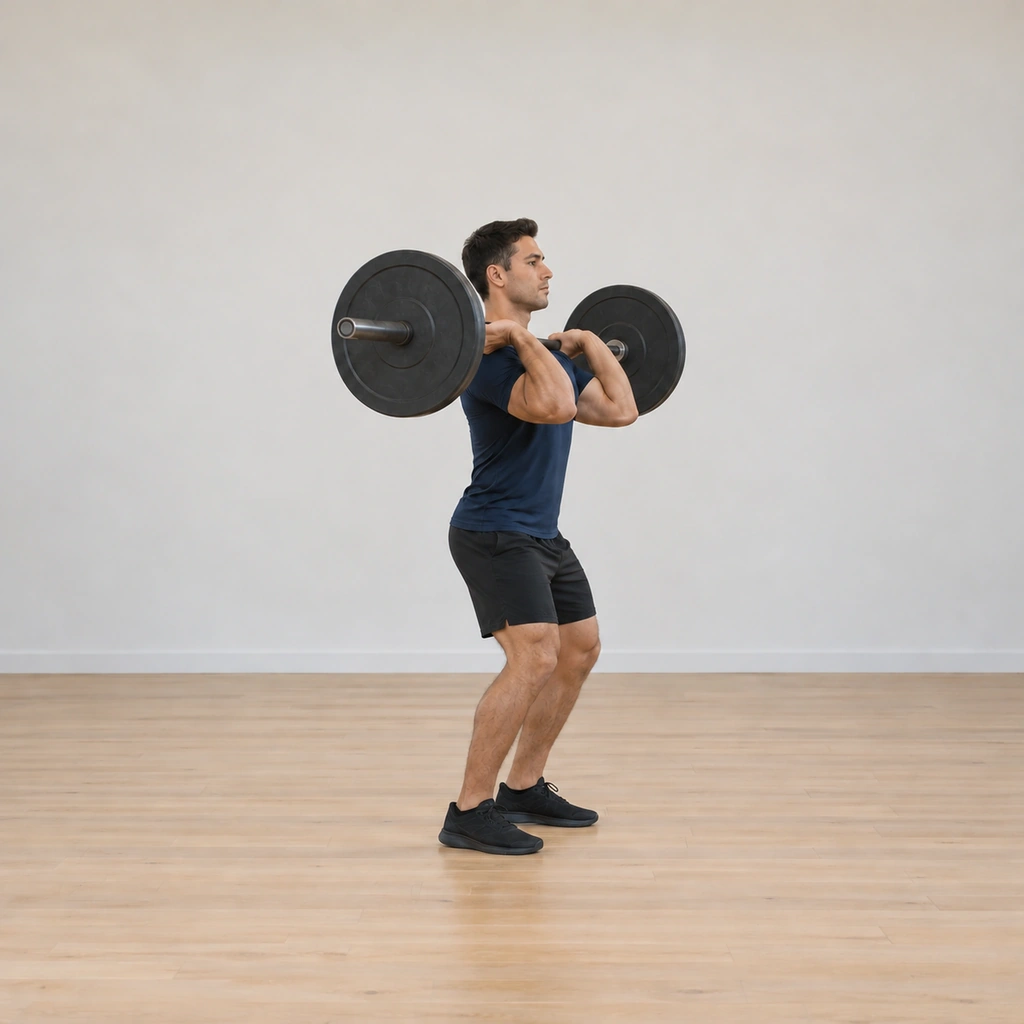 He dips straight down: knees flexing forward a few inches over the feet, hips staying directly under him without moving backward, the bar still racked on his shoulders, trunk vertical.