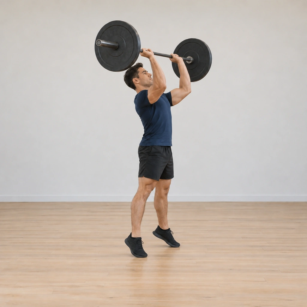 He drives up through his heels, legs extending powerfully: the bar leaves his shoulders accelerating upward, his head moved back out of the bar's path, his feet beginning to slide out toward a wider stance.