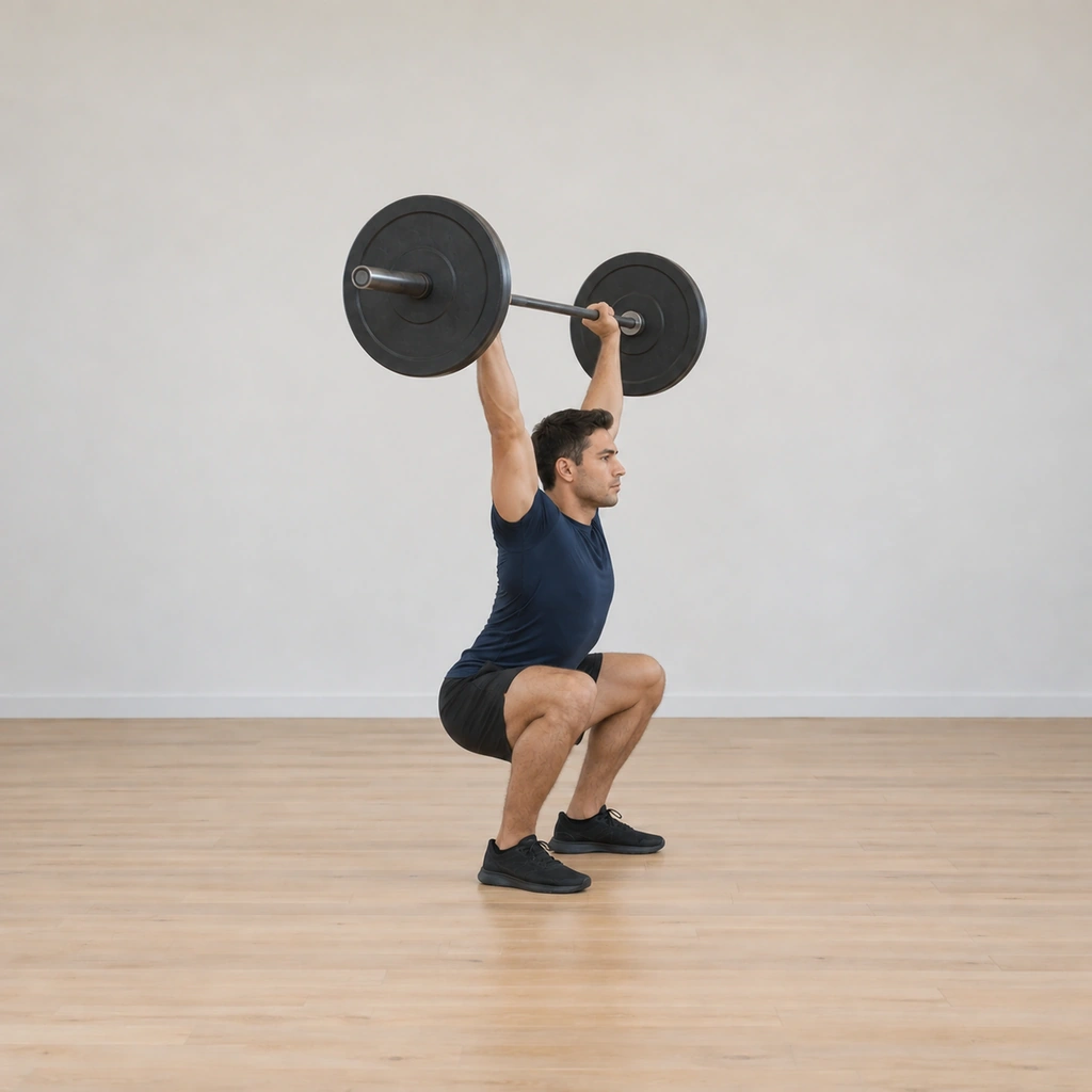 He receives the bar locked out overhead in a full squat: feet forced out to just outside his hips and turned out, hips dropped deep with the chest up, arms fully extended with the bar balanced over the front of his heels.