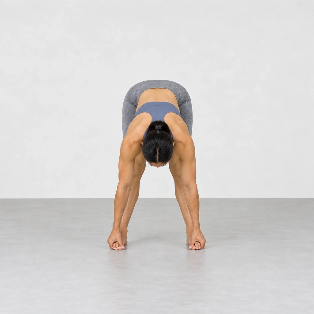 The same woman standing with her legs straightened and folded forward at the hips, both hands still hooked underneath her toes.