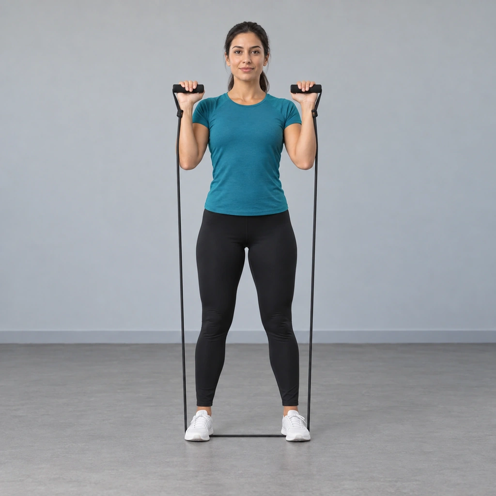 A woman standing upright with both feet on a resistance band, holding a handle in each hand up near her face.
