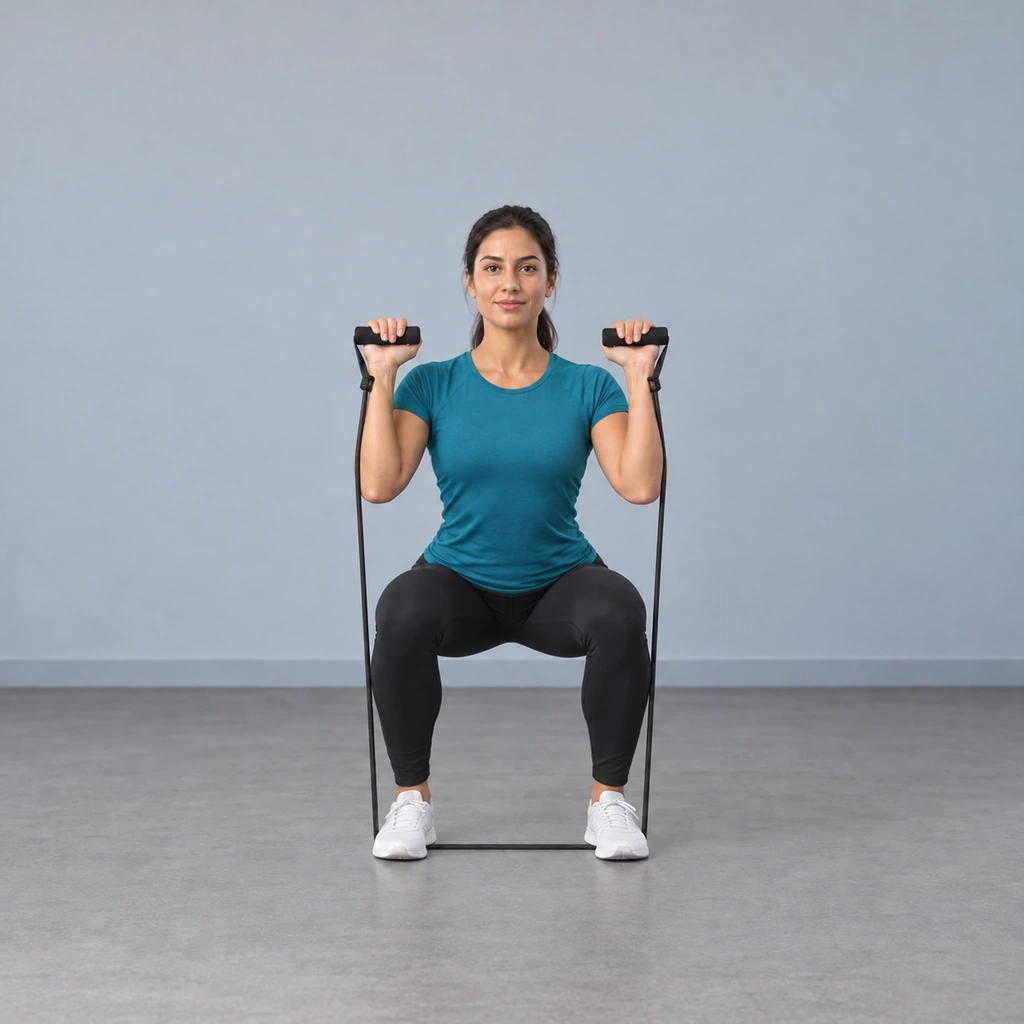 The same woman, now with her knees bent and her thighs parallel to the floor, still holding the band handles at face height.