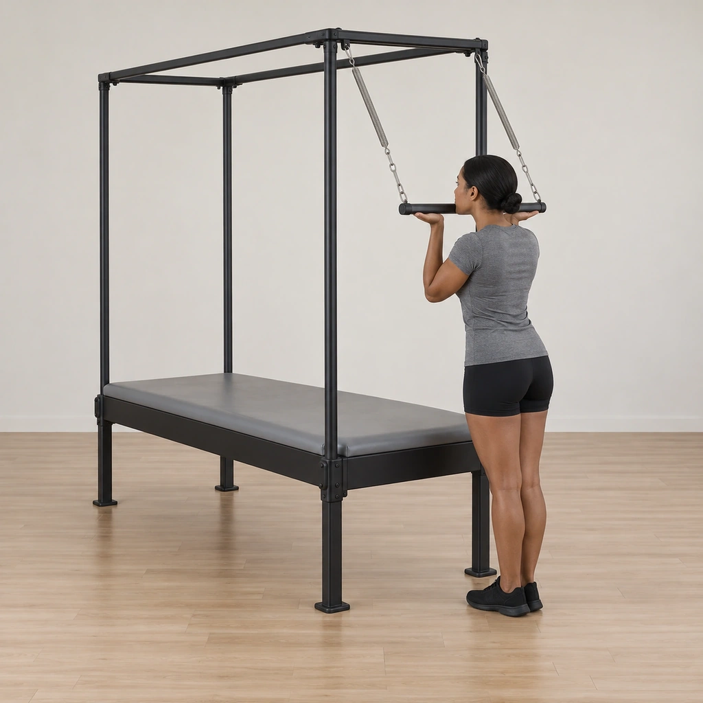 A woman stands tall facing the cadillac push-thru bar, her palms up on the bar and her chin rested on its wide centre, heels together and toes apart.