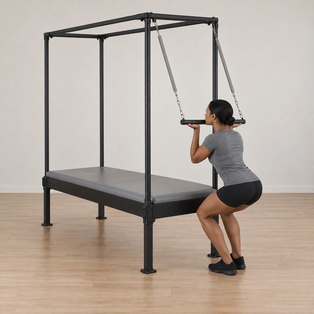 Her knees have bent into a descent, her chin still on the bar which has travelled down with her, palms still under it, heels together.