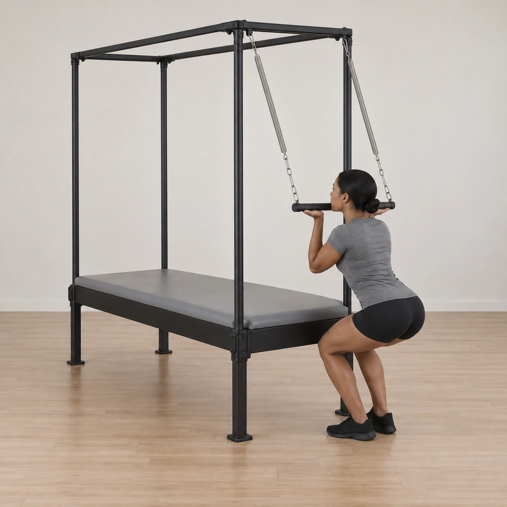 Her knees are bent at the bottom of the squat, her chin still resting on the bar now low in front of her, heels grounded and spine long.
