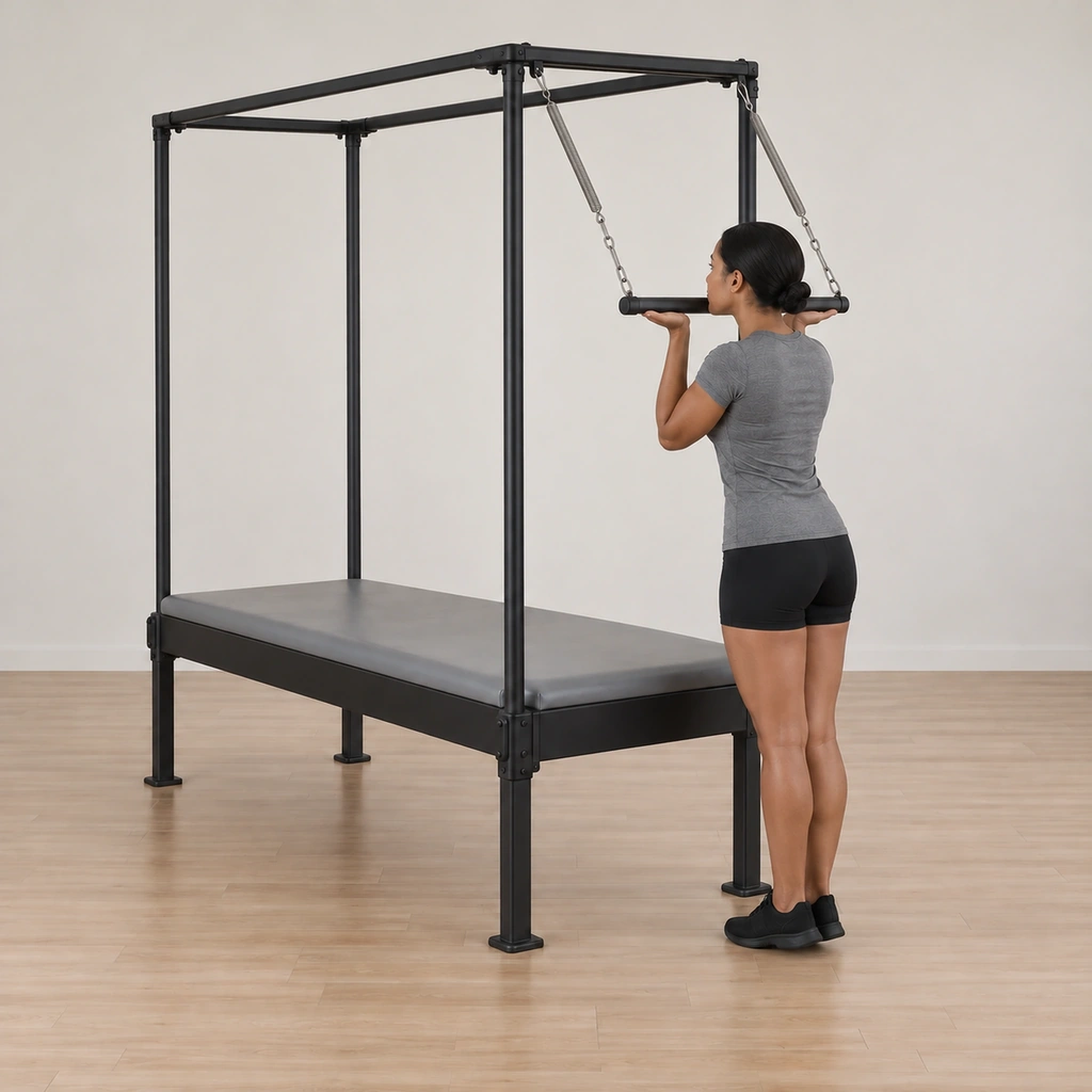 Her legs are pressing her back up toward standing, her chin still on the rising bar, heels grounding through the floor.