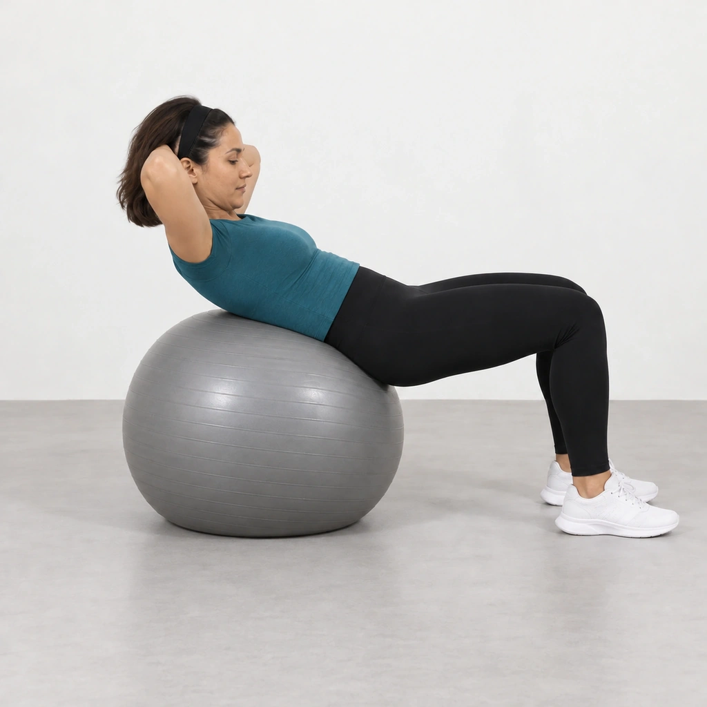 Woman curled up off a stability ball with her upper back lifted and her low back still supported.