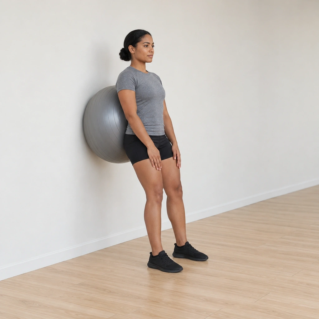 She stands leaning back into the large stability ball pinned between her low back and the wall, the top of the ball at the small of her back, her feet planted a step in front hip-width apart and her hands resting on the front of her thighs.