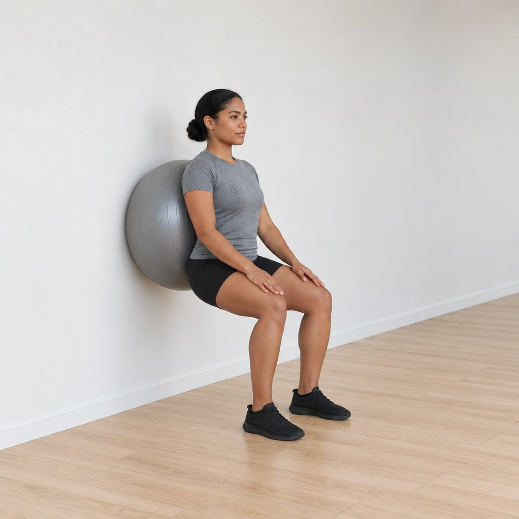 She is midway down, the ball rolled lower on the wall under her back, her knees bending over her toes, her weight back through her heels and her hands still on her thighs as the hips drop under the ball.