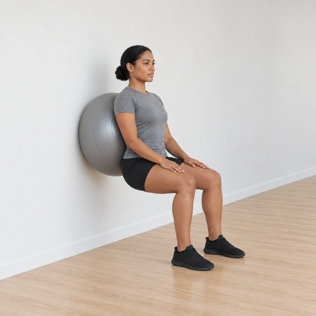 At the bottom she sits into the squat with her thighs nearly parallel to the floor, the ball settled low on the wall under her back, her knees tracking over her second toes and her feet flat through the heels.