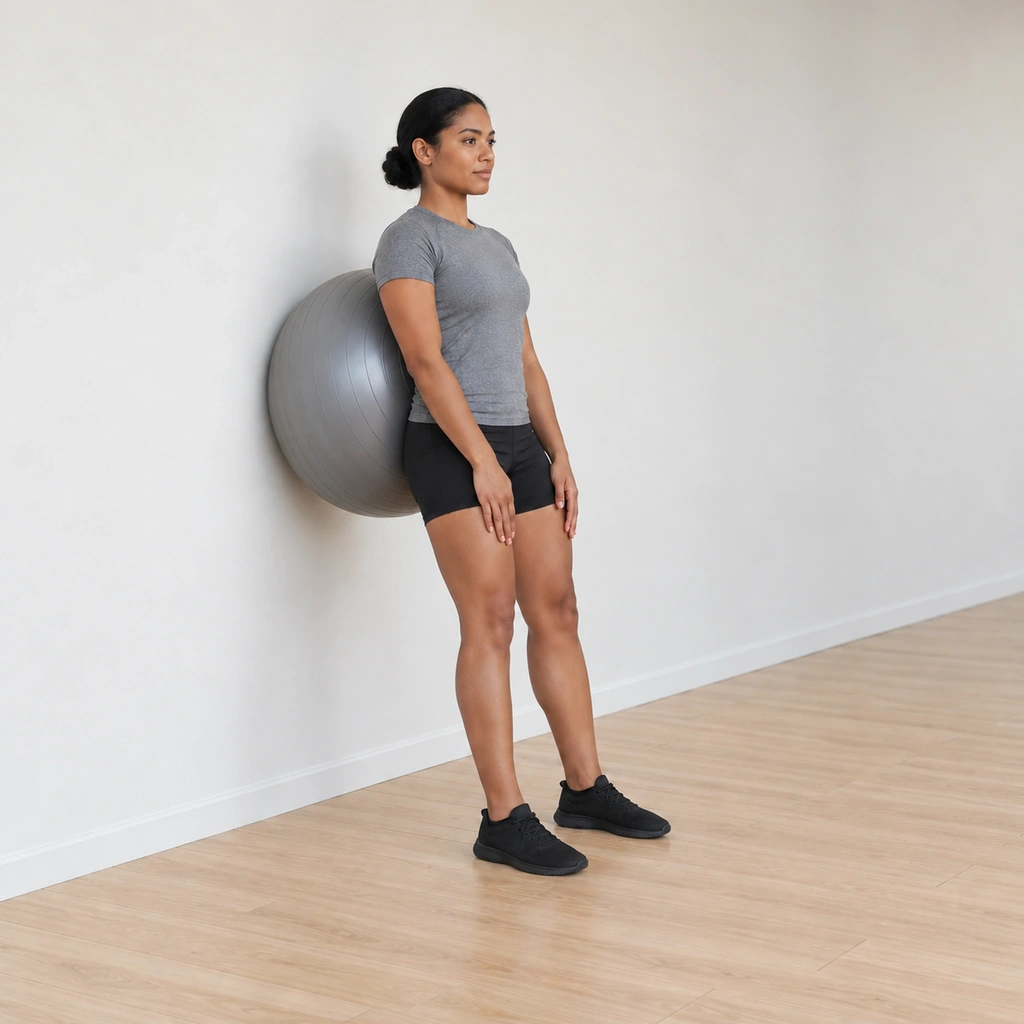 She is driving back up through the mid-range, the ball rolling up the wall under her back, her hips extending forward under her body and her legs straightening toward full extension.
