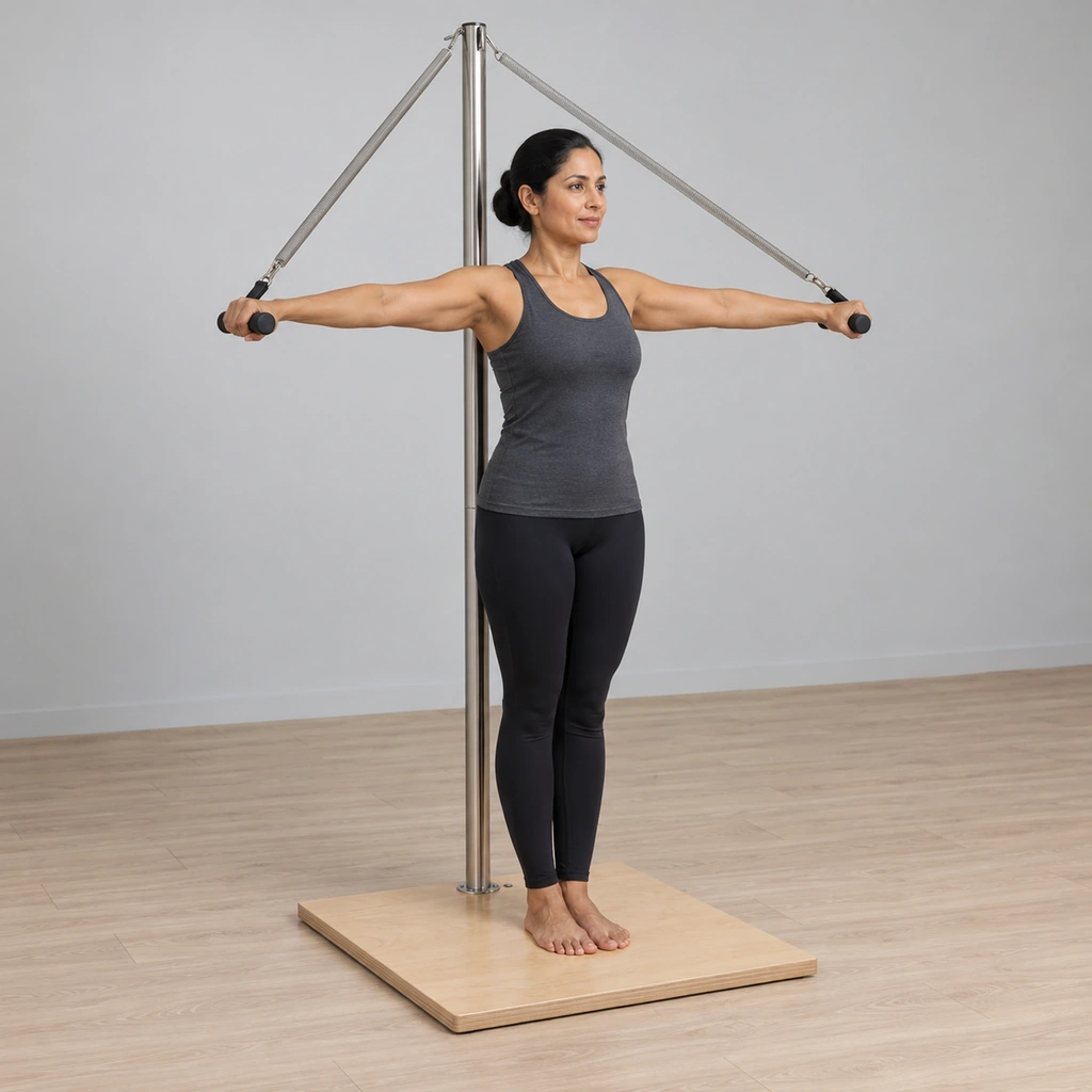 A woman standing on a small board with her back along a pole, arms stretched out to her sides at shoulder height, holding two spring handles palms down.