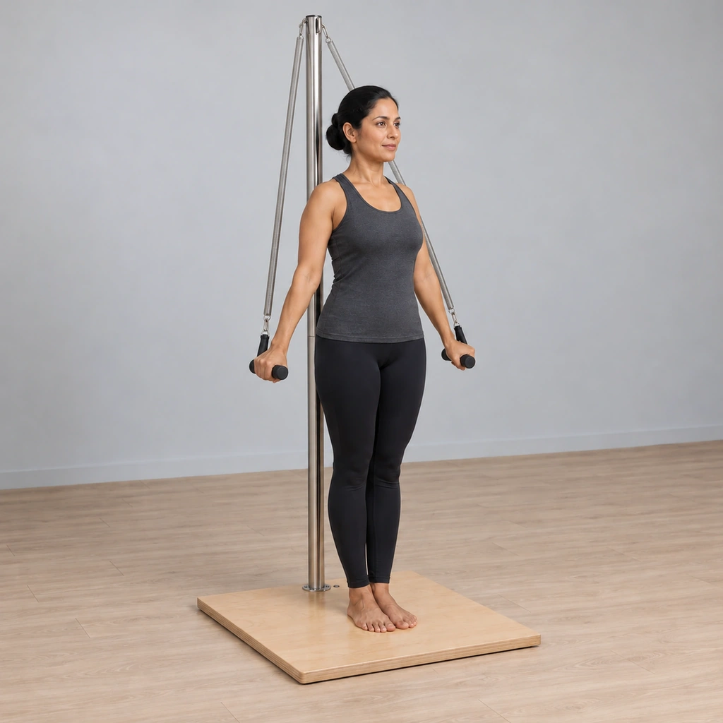 The same woman with both arms pressed down along her sides, hands holding the handles beside her thighs, springs stretched up to the pole top.