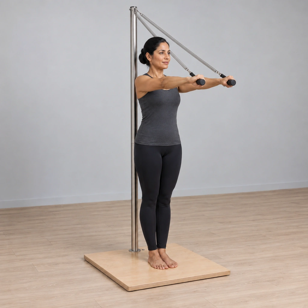The same woman with both arms raised in front of her at shoulder height, hands holding the handles palms down, springs rising to the pole top.