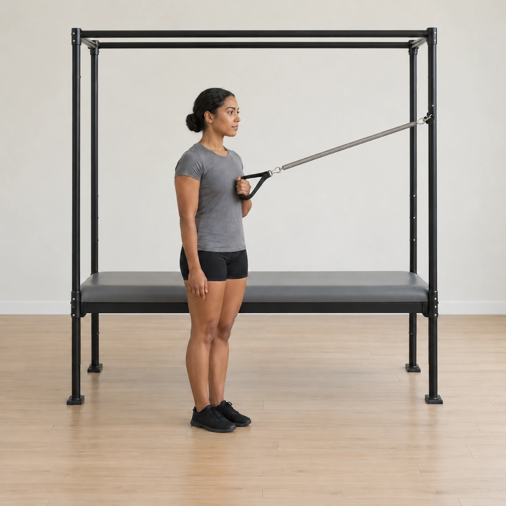Her inside elbow has bent to pull the spring handle into her body as high as her shoulder stays quiet, her stance unchanged and her outside arm still hugged in.
