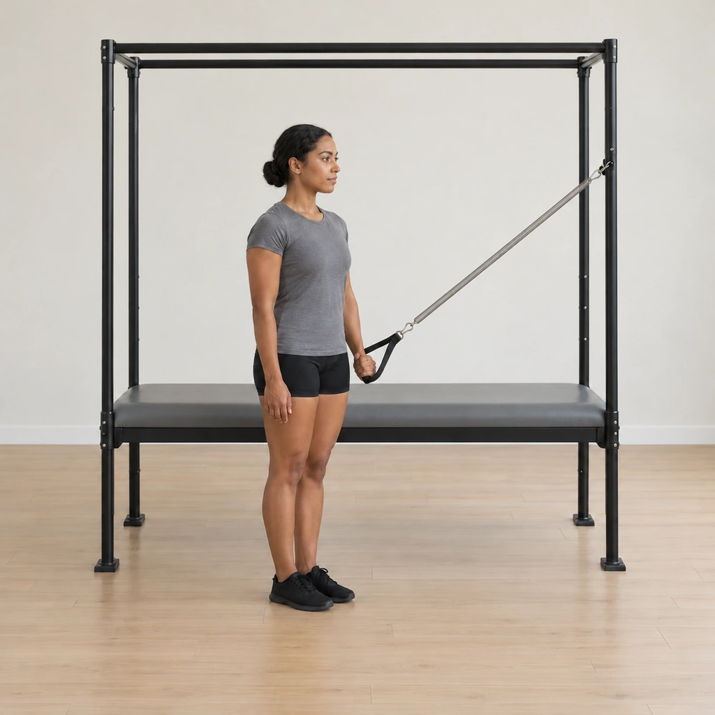 Her inside hand has slid the handle down along her body toward her hip, the spring easing off, her shoulders still stacked over hips over knees over feet.