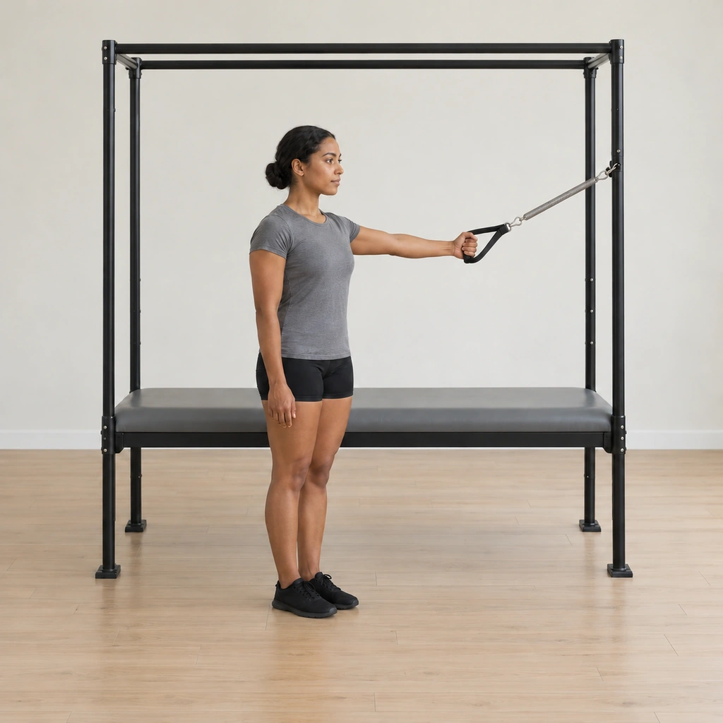 Her inside arm has reached the handle back out toward the uprights, the spring line drawing again, her side-on stance and hugged outside arm unchanged.